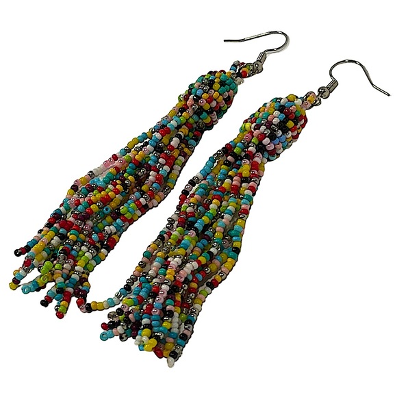 Seed bead rainbow tassel earrings, bright vibrant colors! NEW - Picture 5 of 7